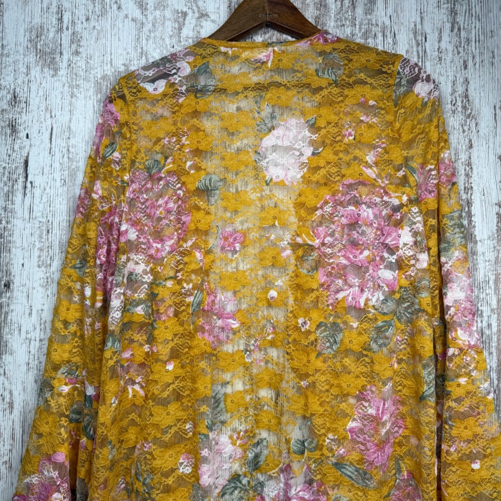 Jolie & Joy Floral Lace Kimono Cardigan Yellow Pink Bell Sleeve Large Feminine - Picture 11 of 12